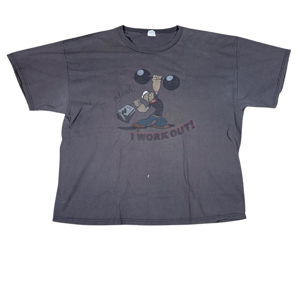 Vintage Delta Popeye I Work Out Graphic T-Shirt Gray Mens 2XL XXL Gym Weightlift